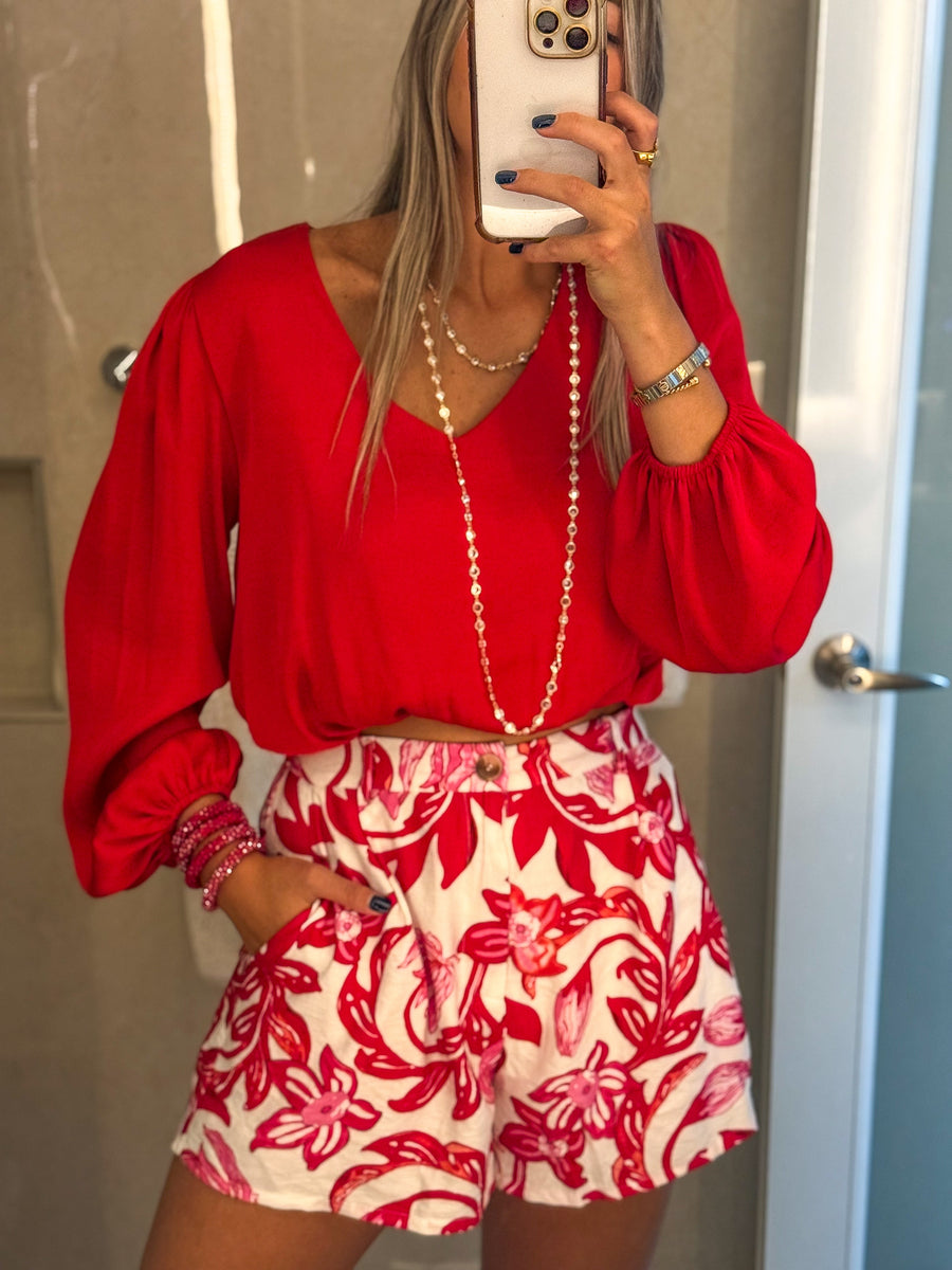 RED SILKY V-NECK BLOUSE