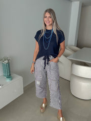 NAVY STRIPED BARREL JEANS