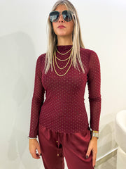 WINE MESH RHINESTONES BLOUSE