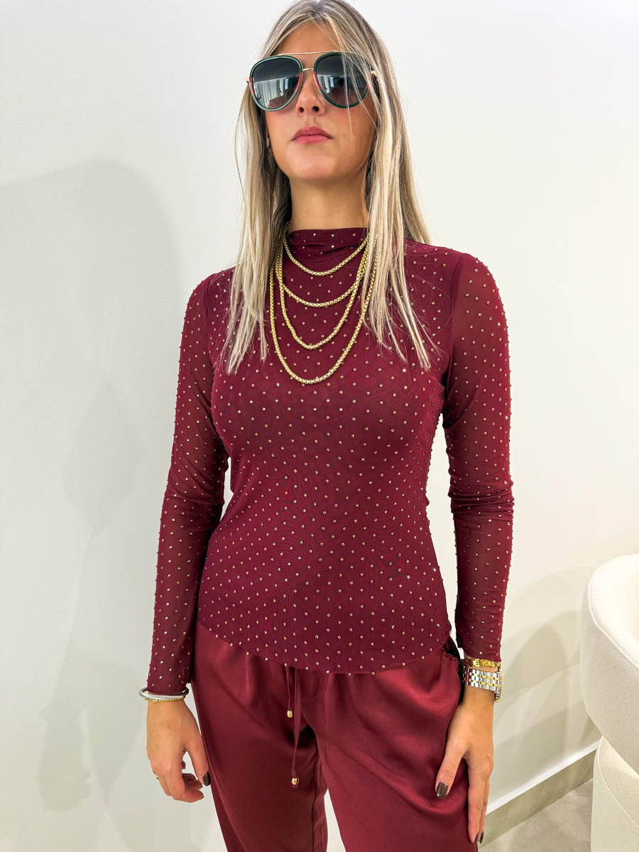 WINE MESH RHINESTONES BLOUSE