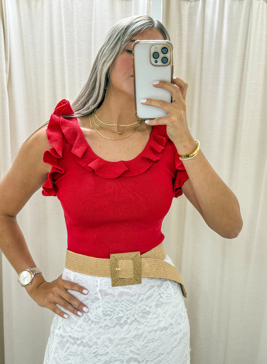 RUFFLE RIBBED KNIT SLEEVELESS BLOUSE