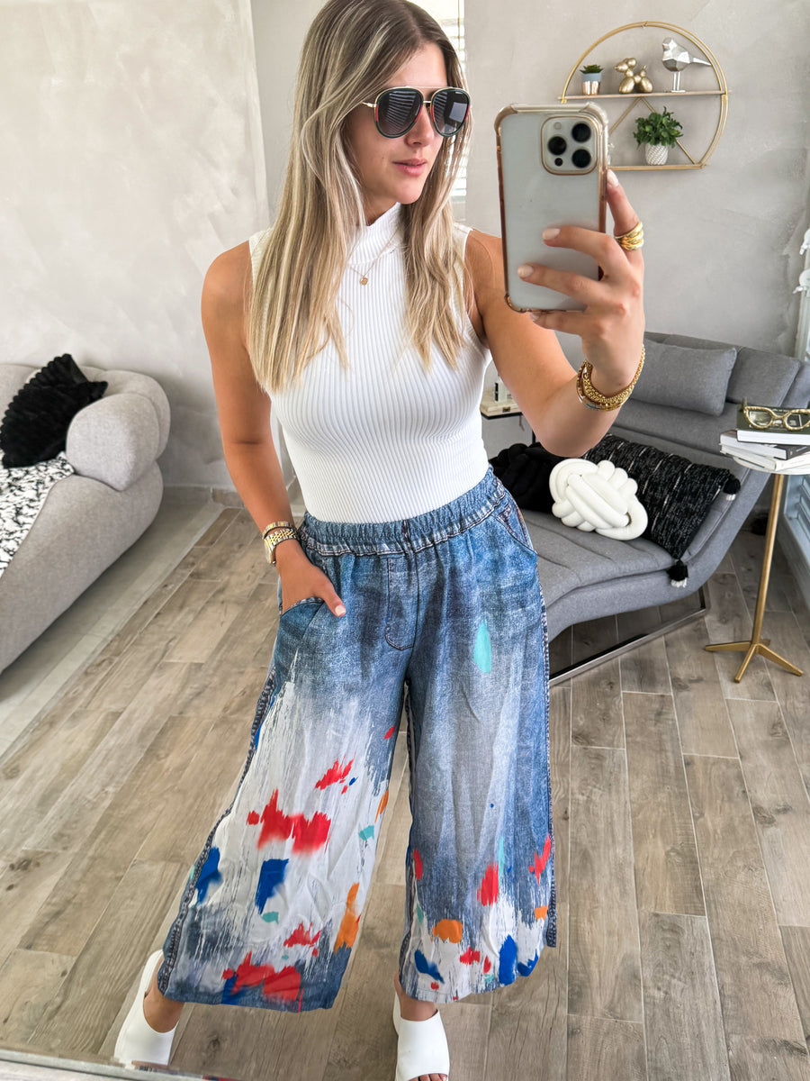 PAINT BRUSH DENIM ILLUSION PALAZZOS