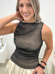 IVORY/BLACK MESH STRETCHY TANK BLOUSE
