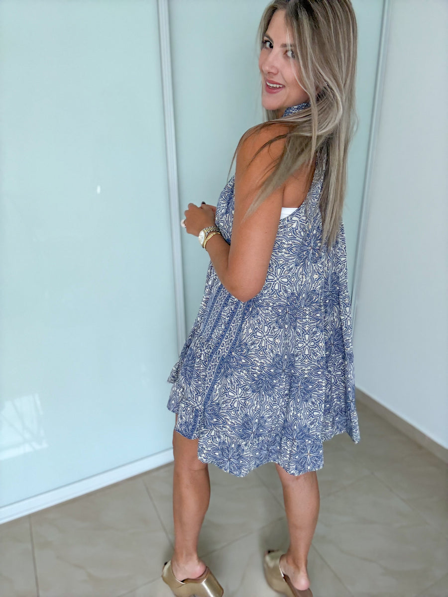 BLUE PRINT TIERED SHORT DRESS