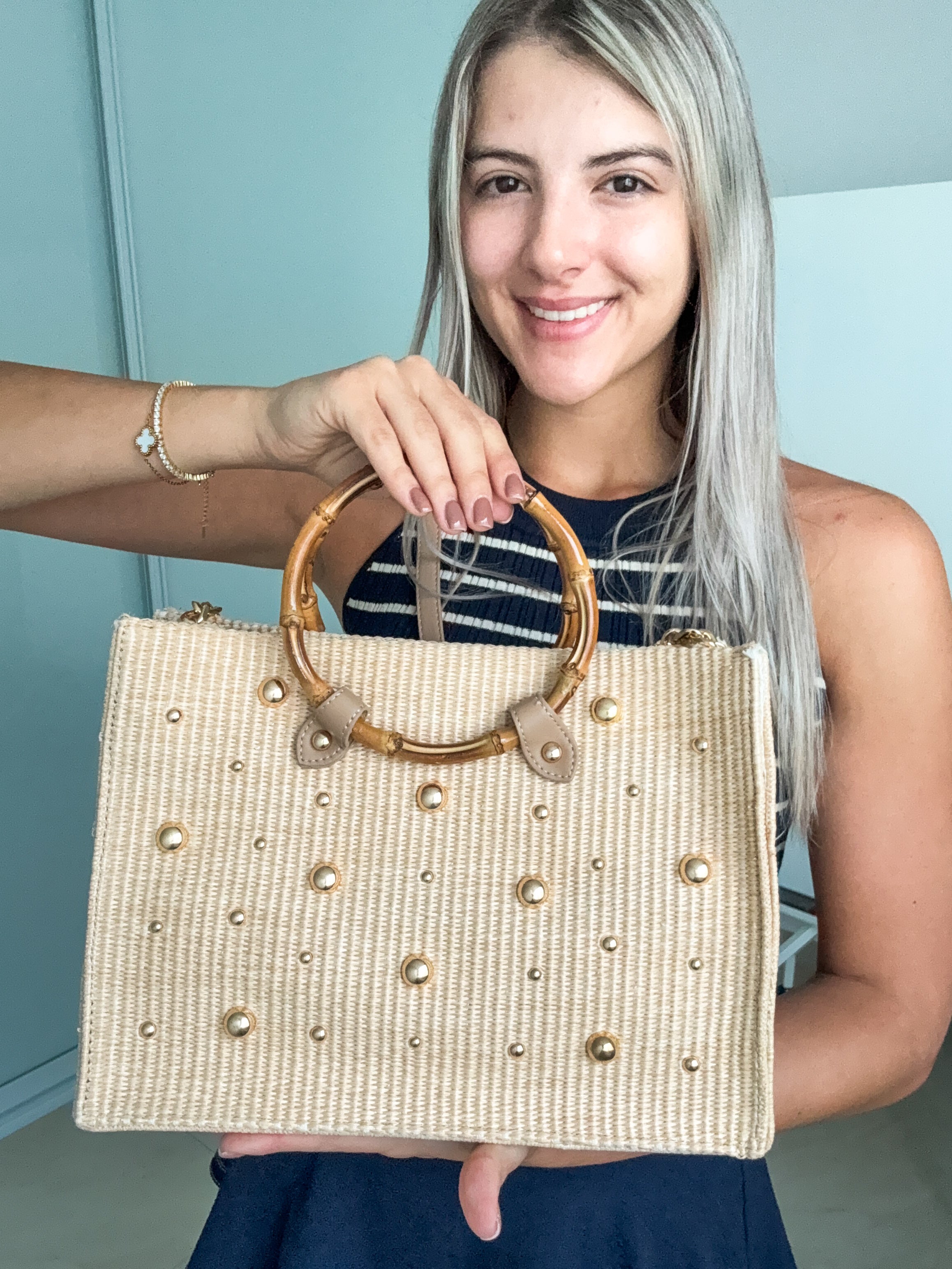 STUD EMBELLISHED STRAW WOODEN CROSSBODY BAG