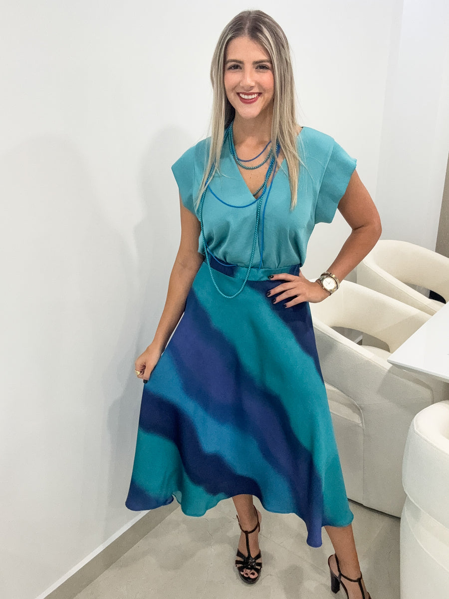 BLUE OMBRE SATIN MIDI SKIRT
