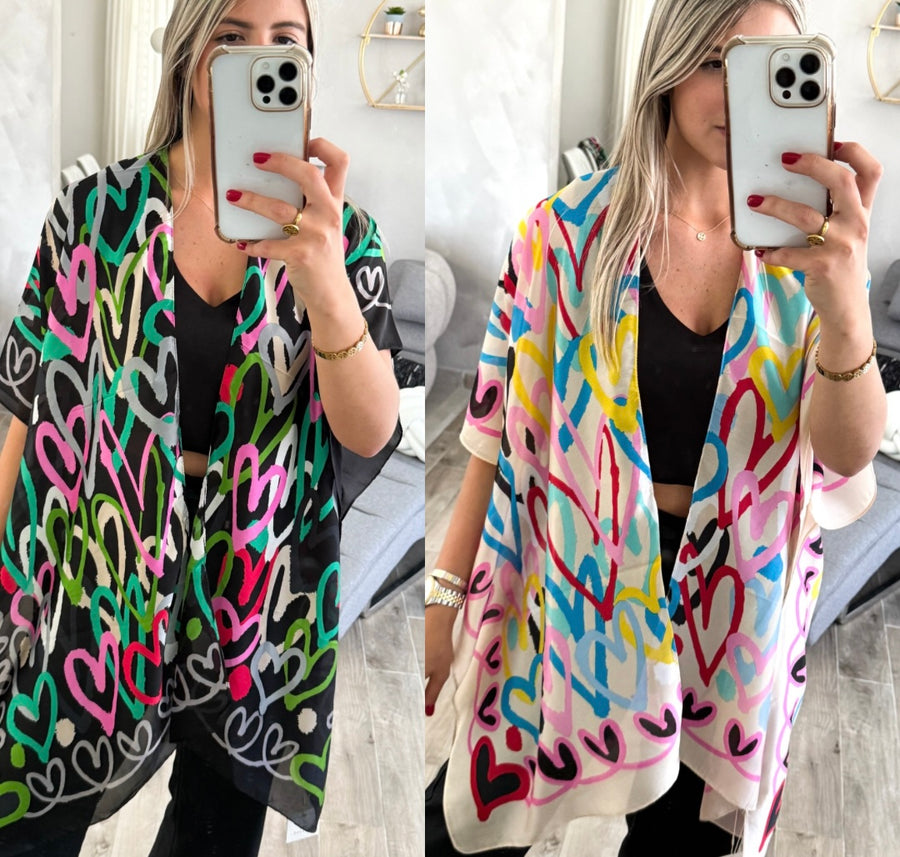 ONE SIZE HEART PRINT SILKY FEEL KIMONO