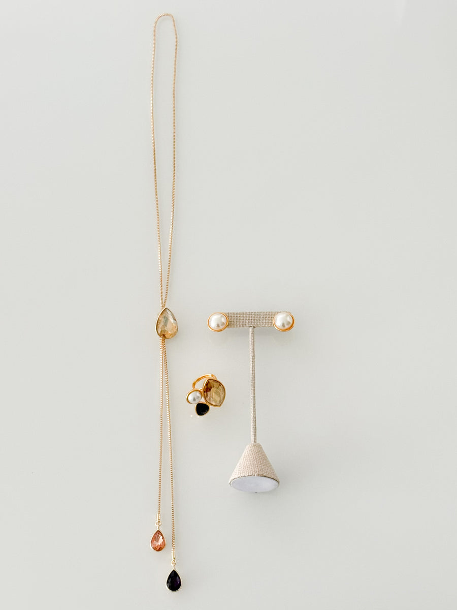 LONG GEM LARIAT NECKLACE SET IN GOLD/BLACK
