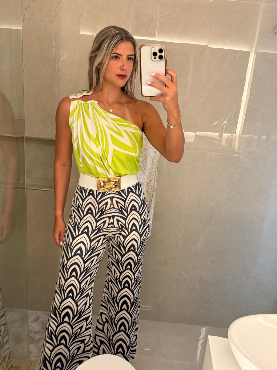 LIME/BLACK PRINT ONE SHOULDER SHIRRING JUMPSUIT