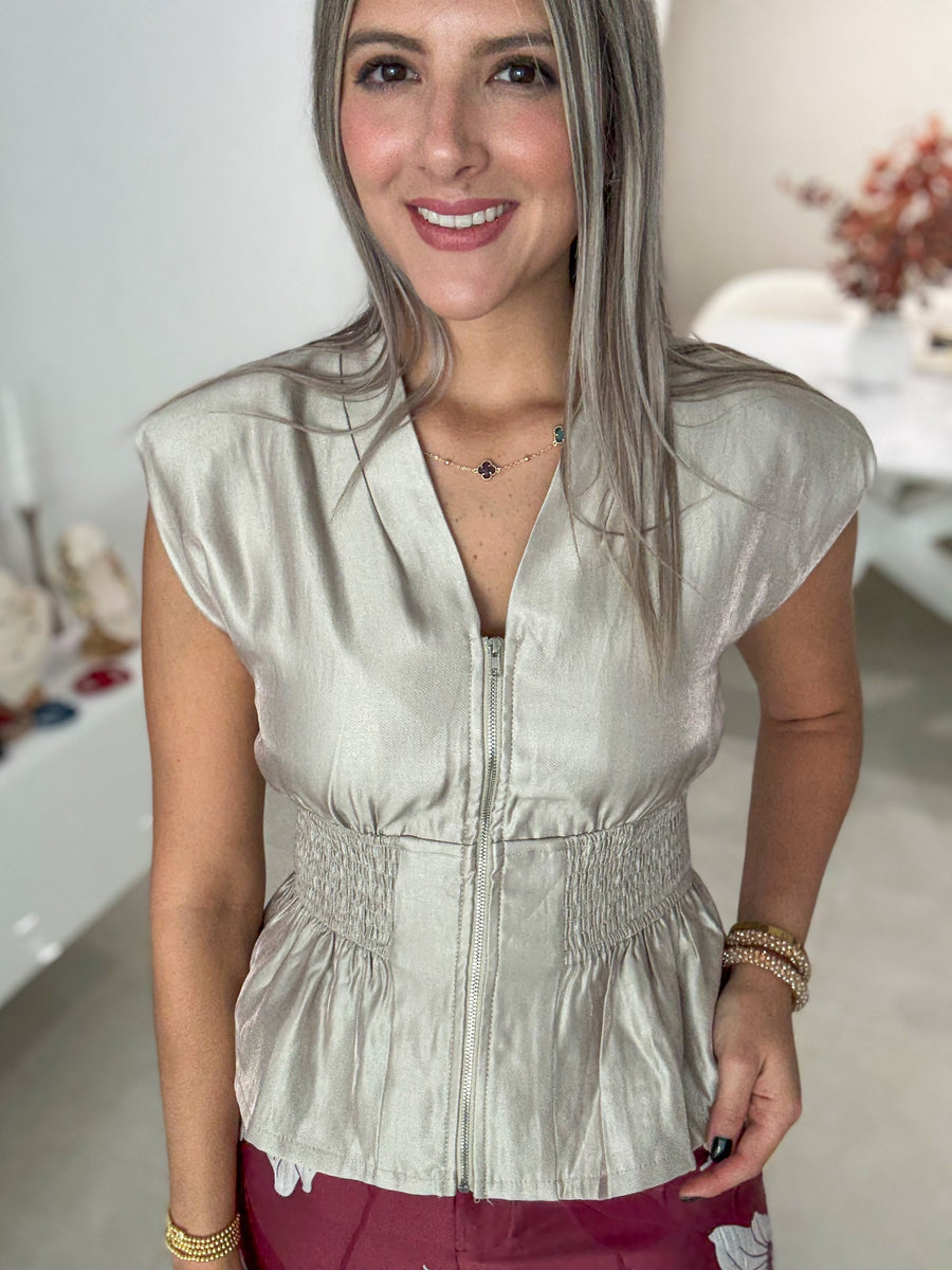 CHAMPAGNE V-NECK SATIN ZIPPER BLOUSE