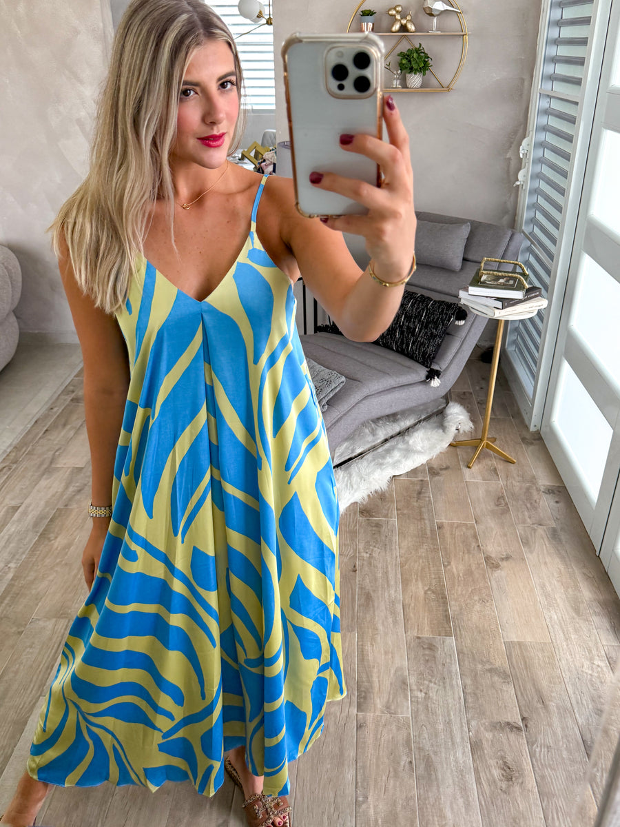 BLUE/GREEN SILKY MAXI DRESS