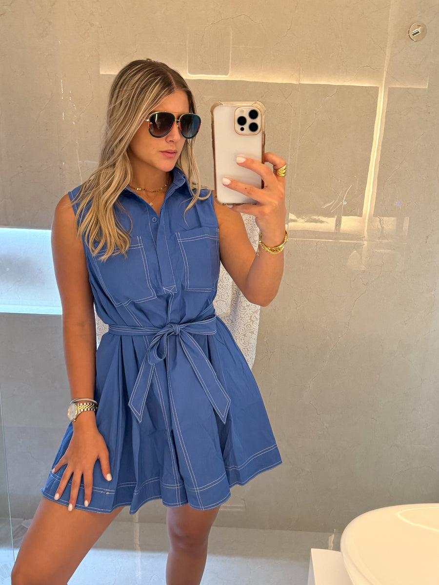 BLUE STITCHING SLEVEELESS DRESS