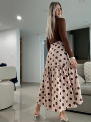 BEIGE/BROWN POLKA DOT WRAP AROUND SKIRT