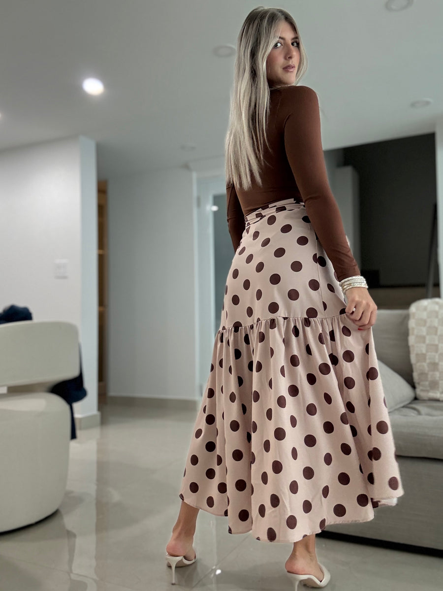 BEIGE/BROWN POLKA DOT WRAP AROUND SKIRT