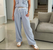 BLUE CONTRAST BAND WIDE LEG PANTS