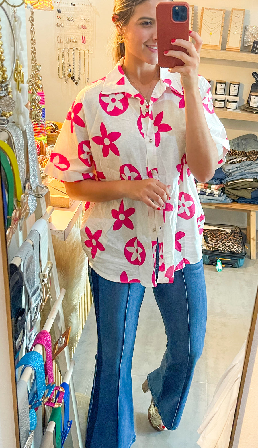 HOT PINK LINEN PRINT FASHION TOP
