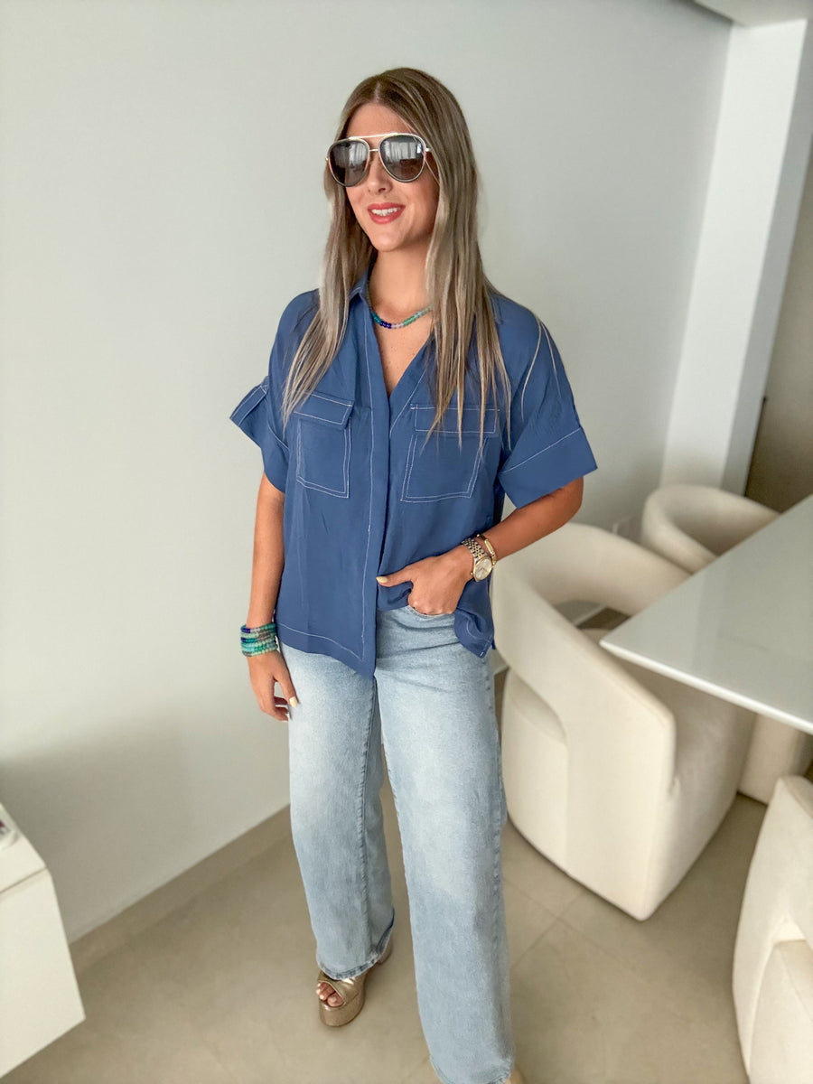 DENIM BLUE ROPE BELTED BLOUSE