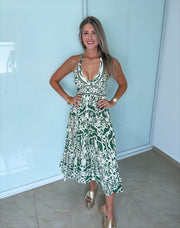 GREEN PRINTED HALTER MAXI DRESS