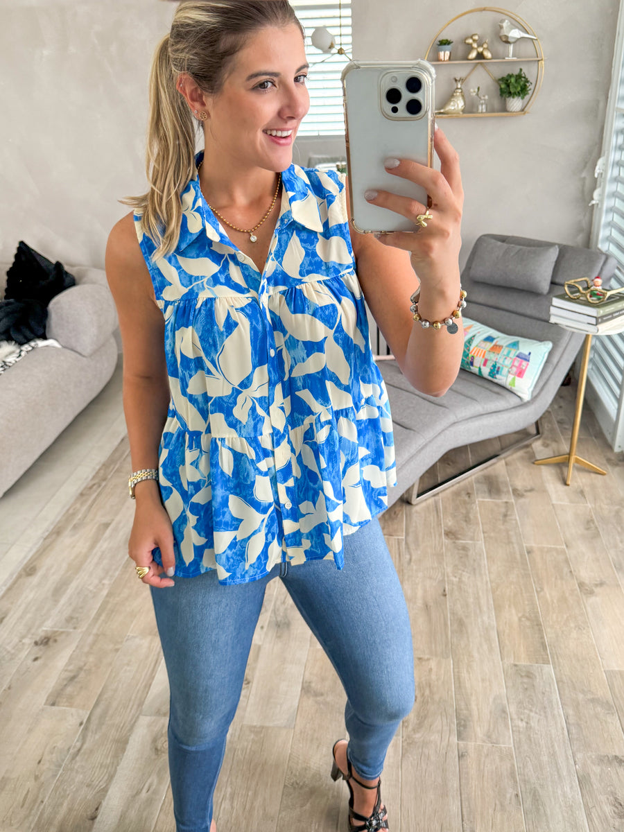BLUE PRINTED SLEEVELESS BLOUSE