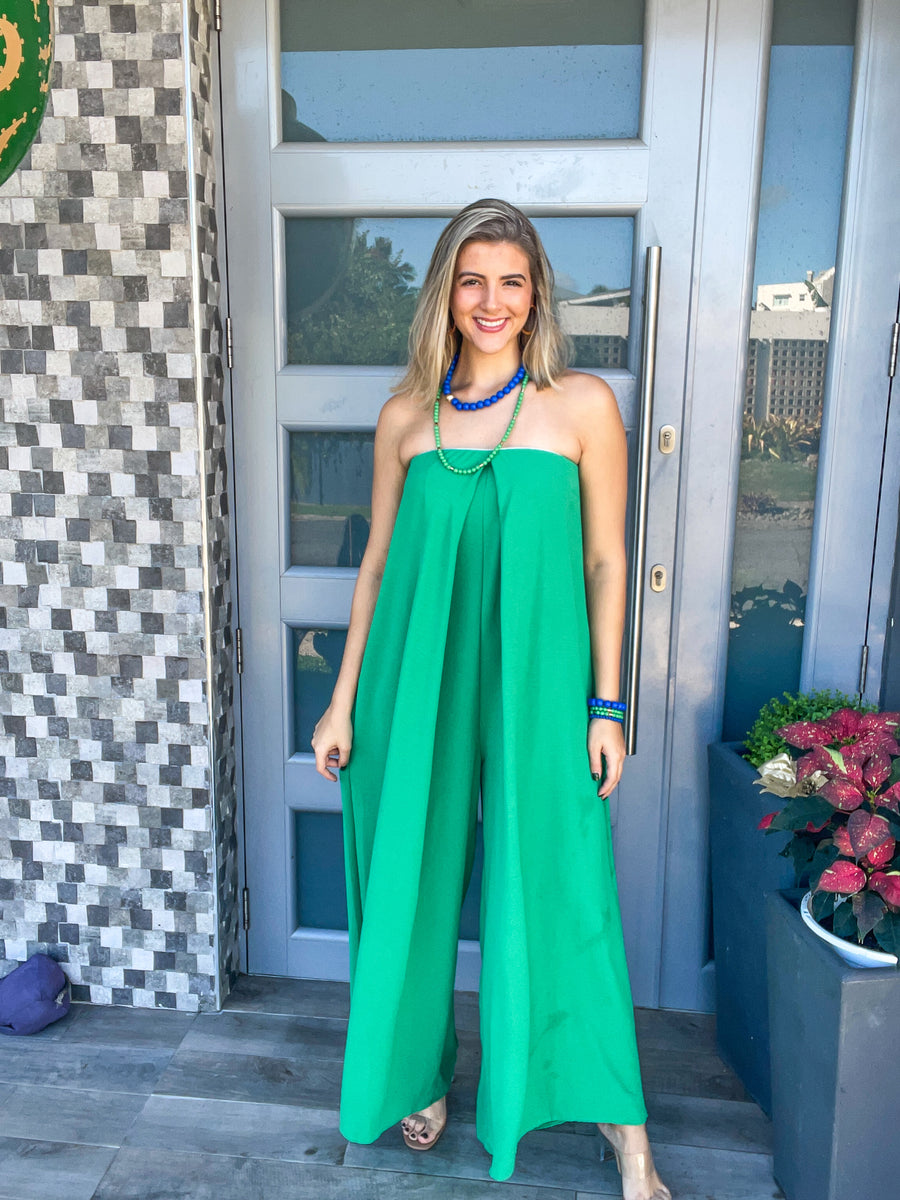 KELLY GREEN STRAPLESS JUMPSUIT