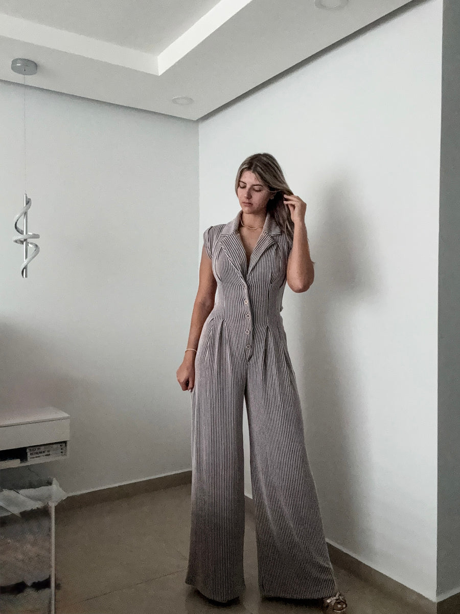 TAUPE/BLACK TAILORED JUMPSUIT
