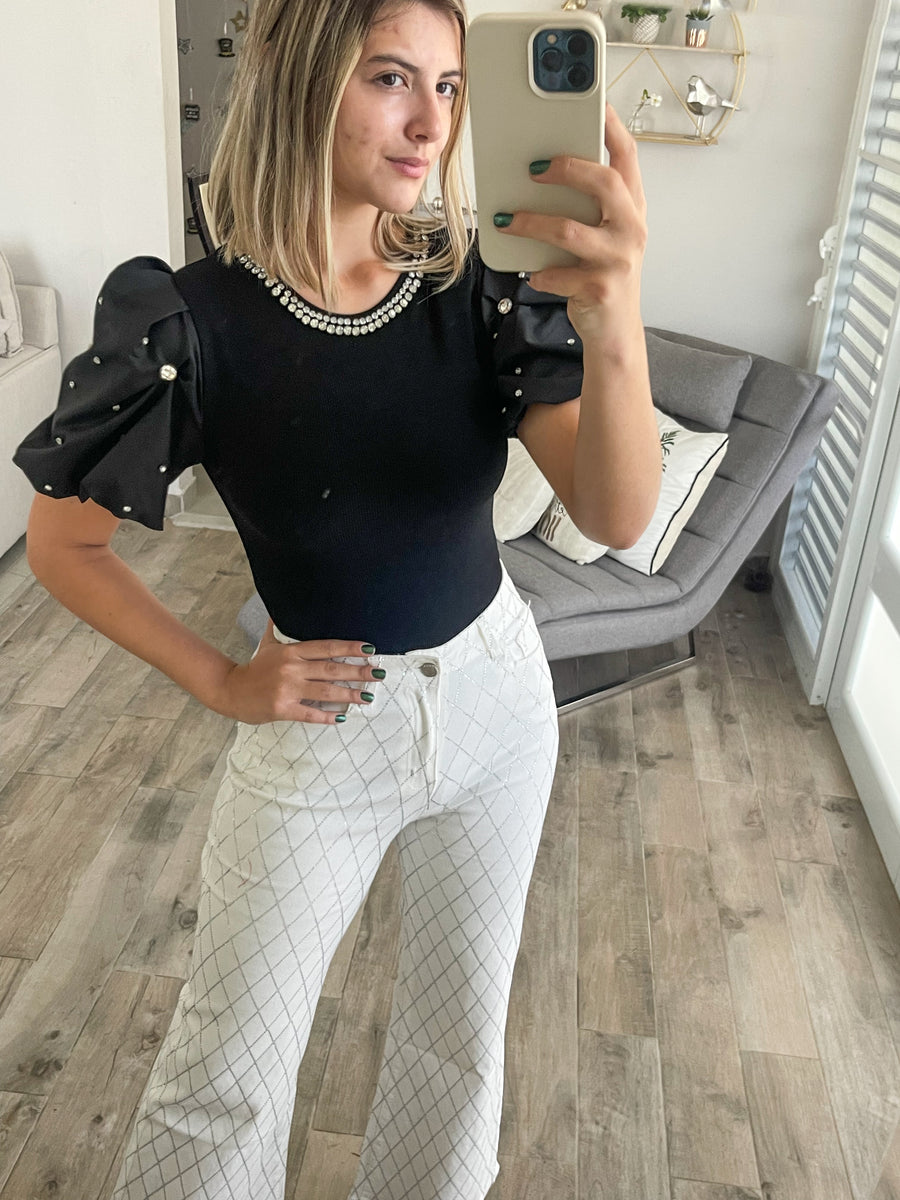 RUFFLE RHINESTONES BODYSUIT