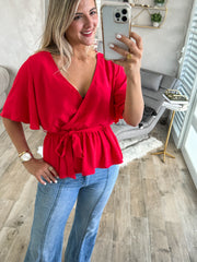 RED SURPLICE BLOUSE