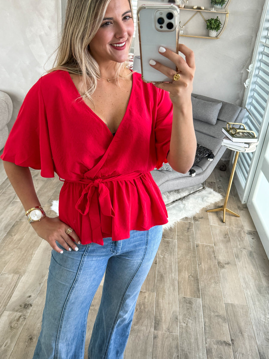 RED SURPLICE BLOUSE