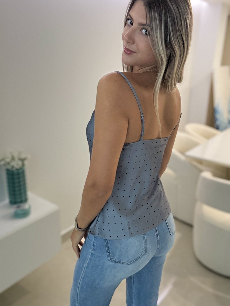 GRAY/NAVY POLKA DOT COWL NECK TOP
