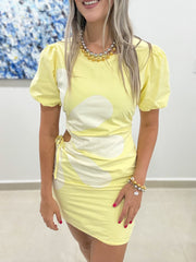 YELLOW FLOWER SIDE CUTOUT SHORT DRESS