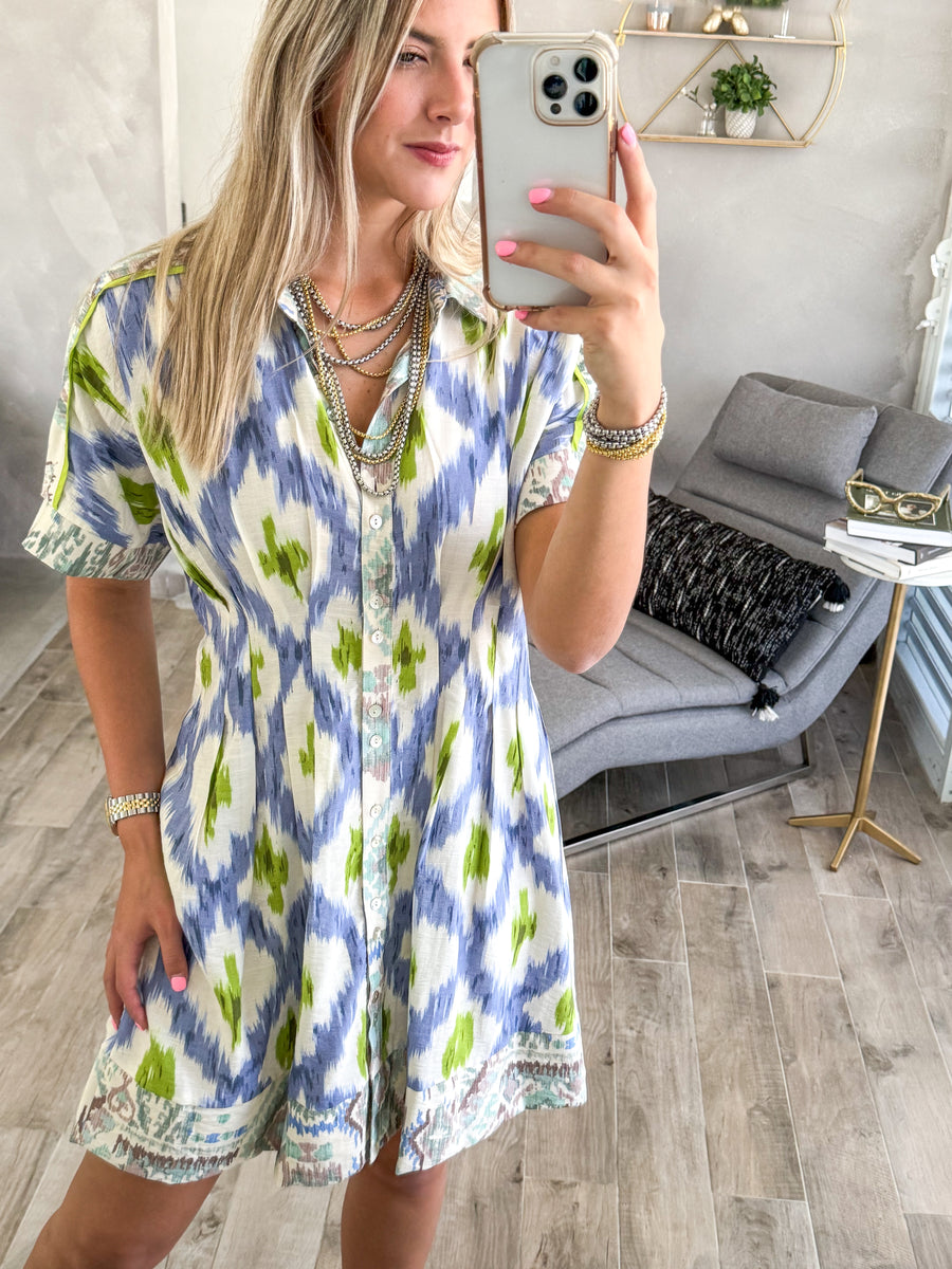 BLUE/GREEN PRINTED PLEATED SHIRT DRESS