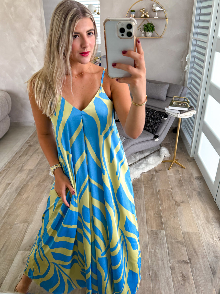 BLUE/GREEN SILKY MAXI DRESS