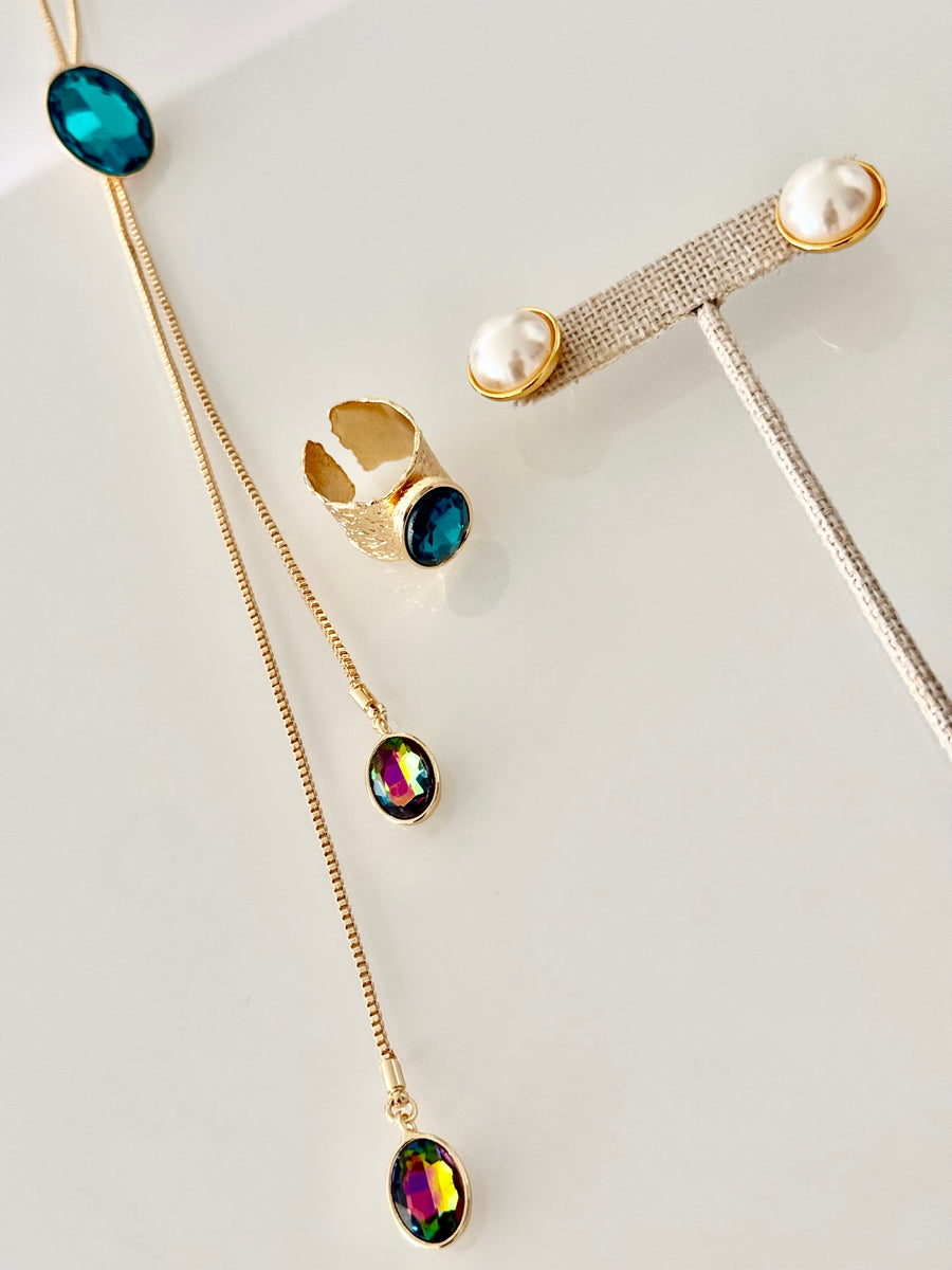 LONG GEM LARIAT NECKLACE SET IN BLUE/IRRIDESCENT