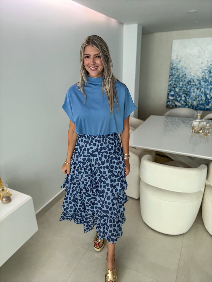 DENIM BLUE MOCK NECK BLOUSE