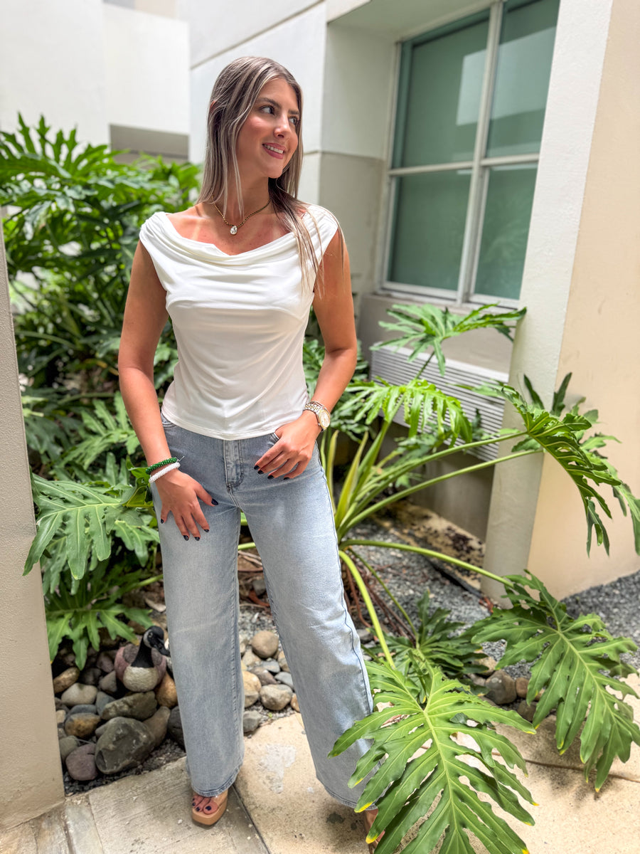 WHITE COWL NECK BLOUSE