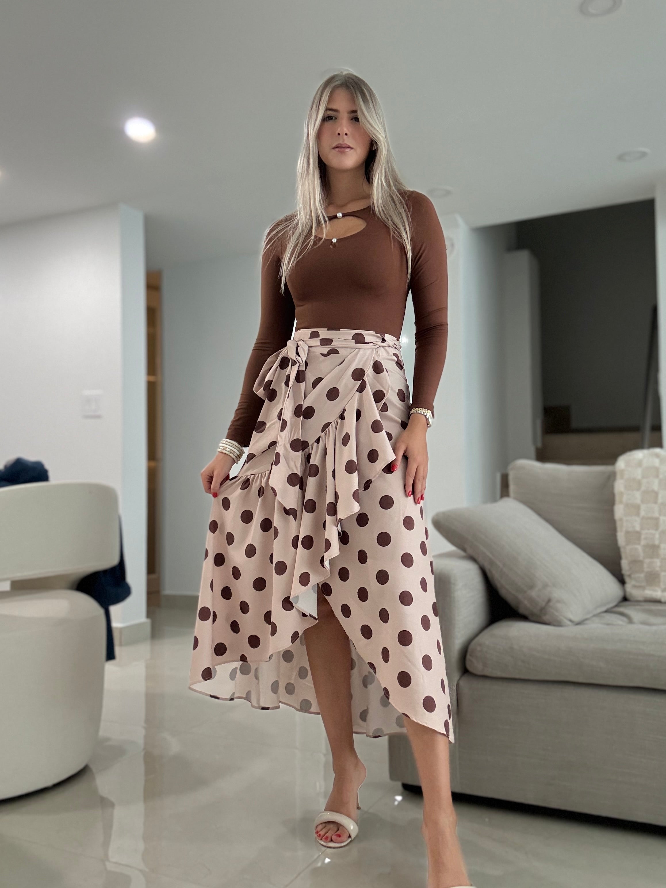 BEIGE/BROWN POLKA DOT WRAP AROUND SKIRT