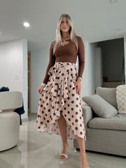 BEIGE/BROWN POLKA DOT WRAP AROUND SKIRT