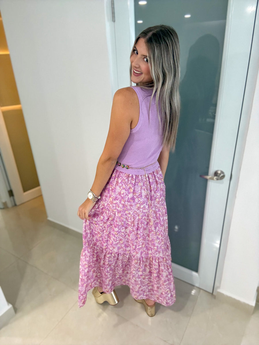 LILAC MIXED FABRIC TANK MIDI DRESS