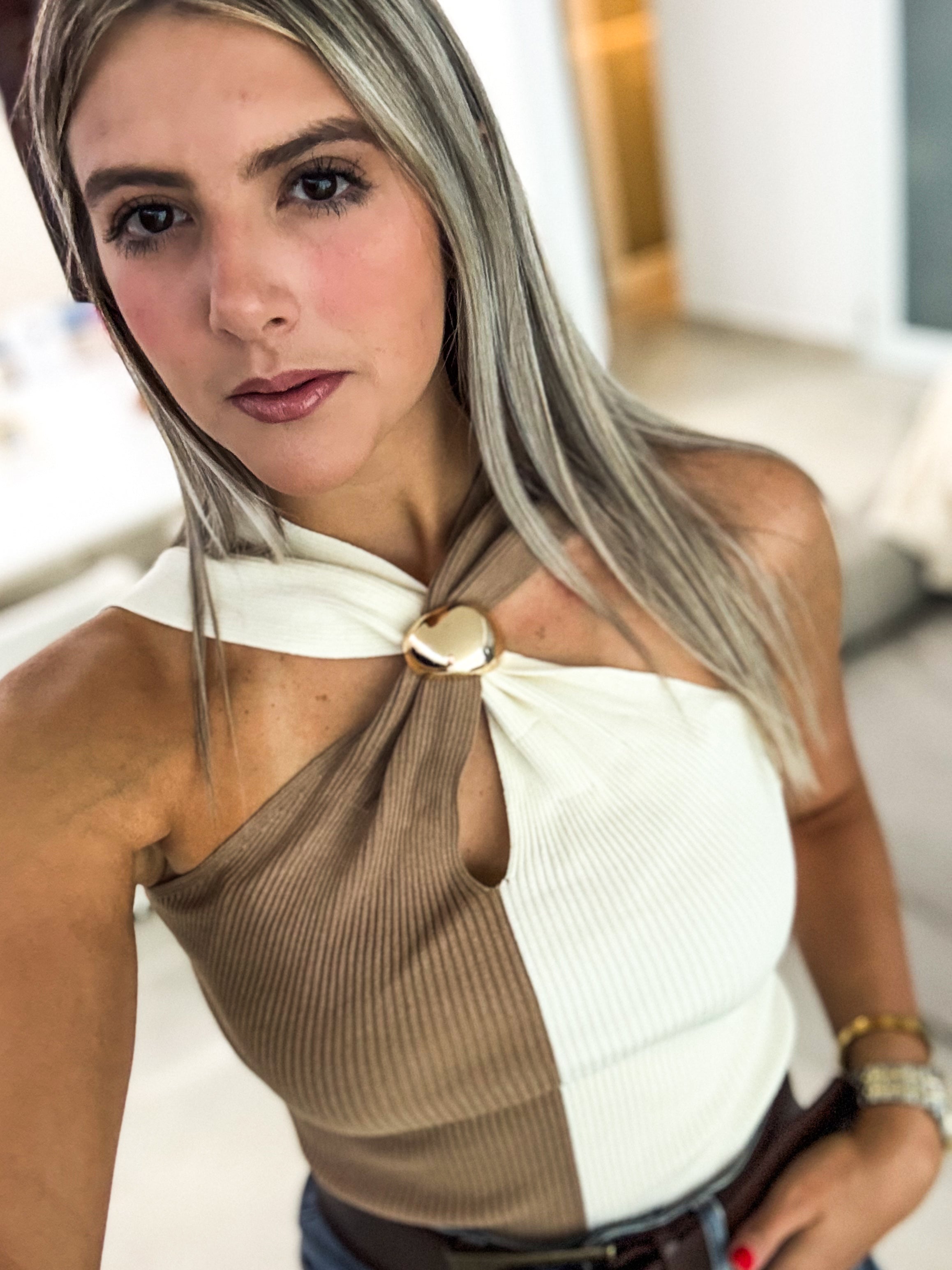COLORBLOCK GOLD DETAIL KNITTED BLOUSES