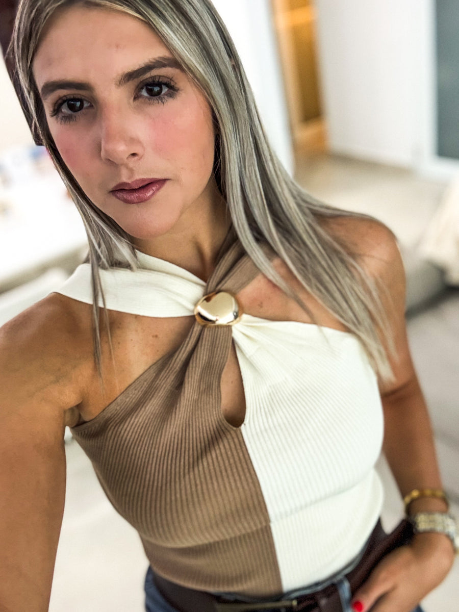 COLORBLOCK GOLD DETAIL KNITTED BLOUSES