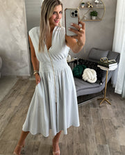 BLUE/WHITE STRIPED ZIPPER MIDI DRESS