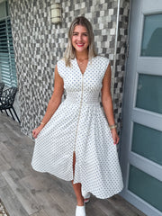 CREAM BLUE POLKA DOT ZIPPER DRESS
