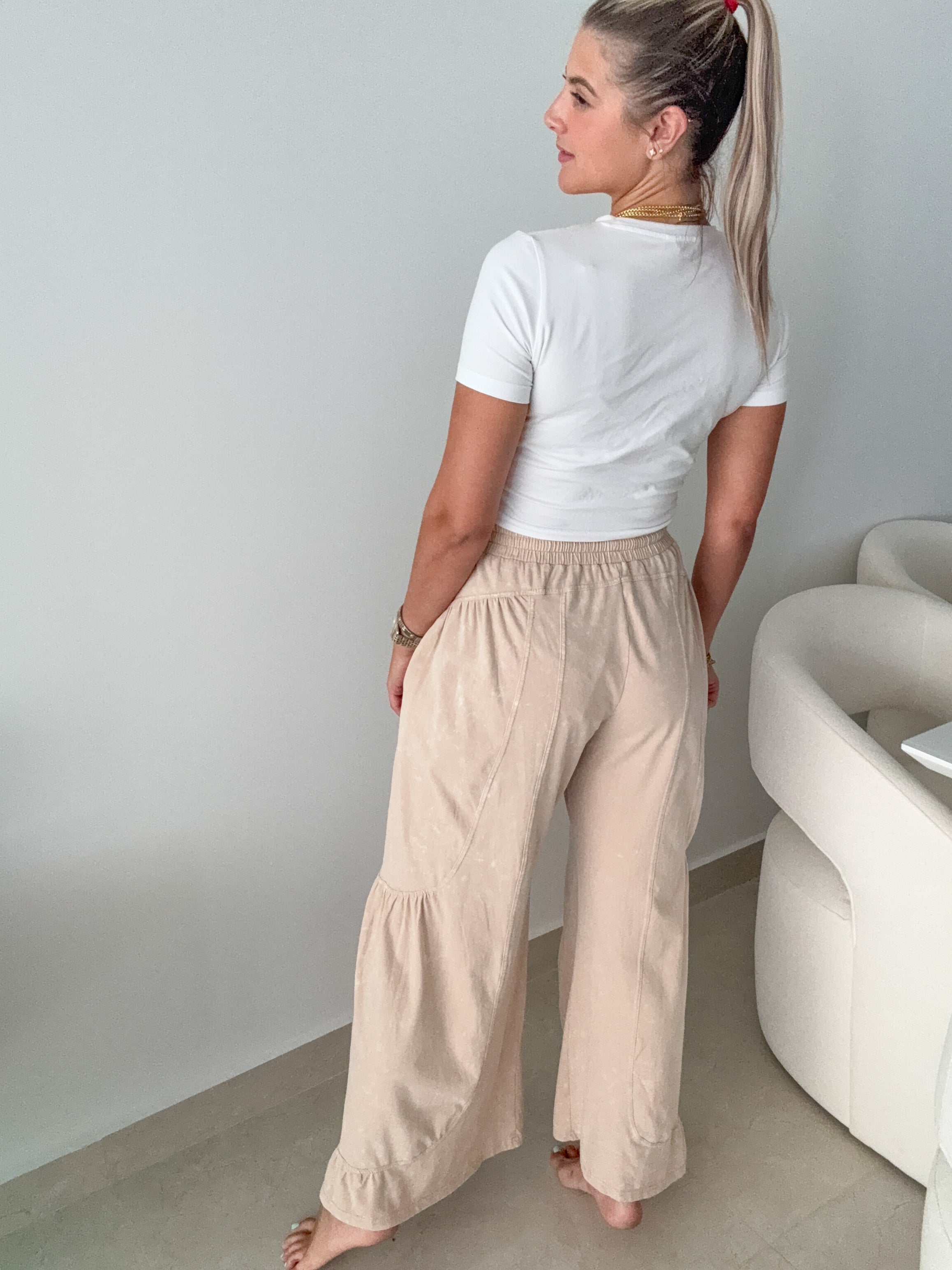SAND MINERAL WASHED KNIT WIDE LEG PANTS