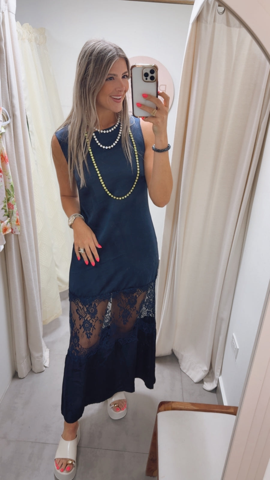 NAVY SATIN LACE DETAILED DRESS