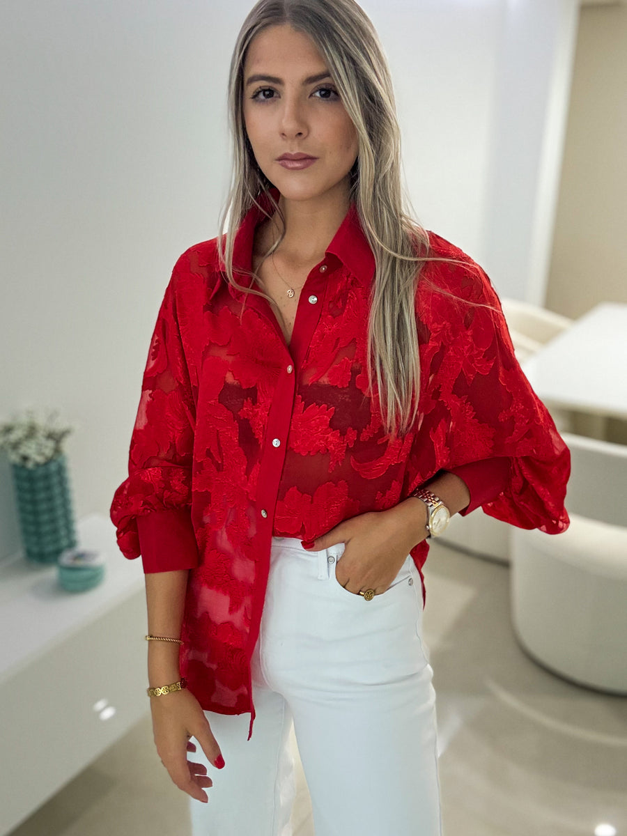 RED SATIN EMBROIDED DETAIL BLOUSE