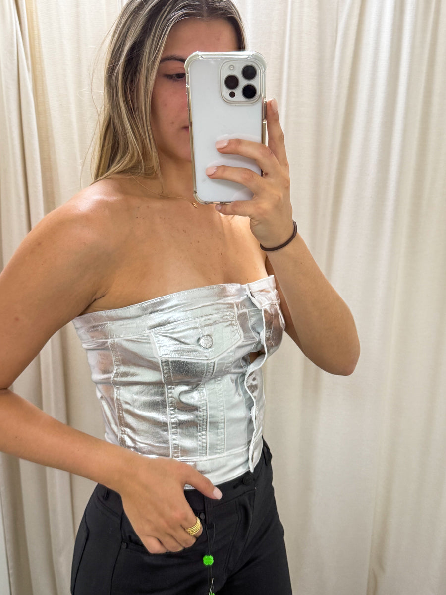 SILVER METALLIC STRAPLESS TOP