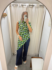 PIA GREEN PRINT ASYMMETRIC BLOUSE