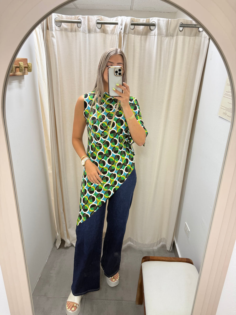 PIA GREEN PRINT ASYMMETRIC BLOUSE
