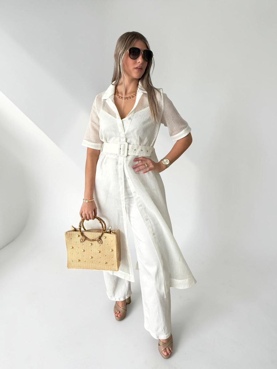 WHITE BELTED MESH DRESS