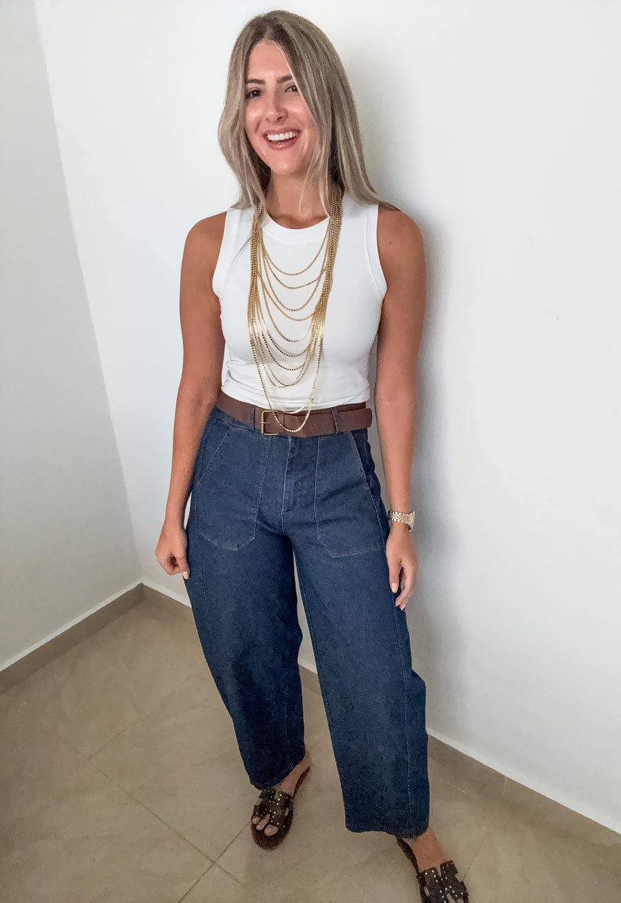 DARK DENIM STRETCHY BARREL PANTS